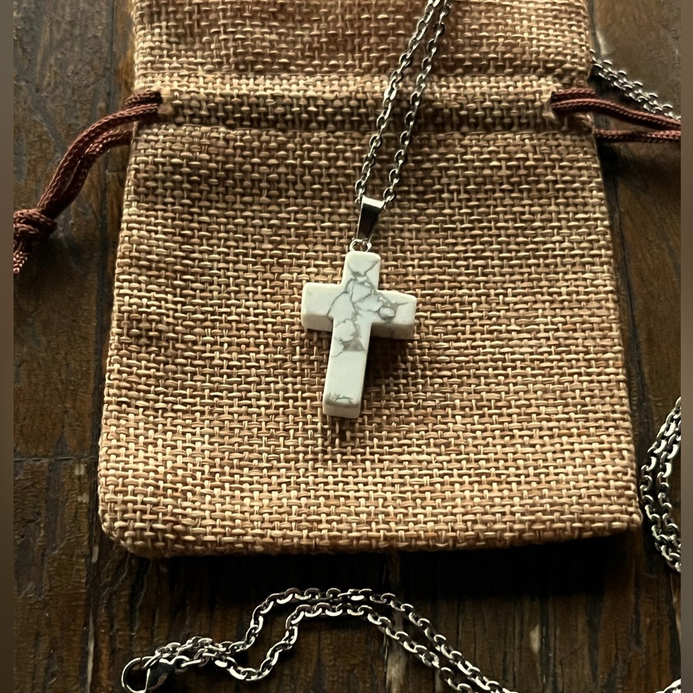 Genuine Howlite Cross Pendant Howlite Necklace Cross Crystal Necklace